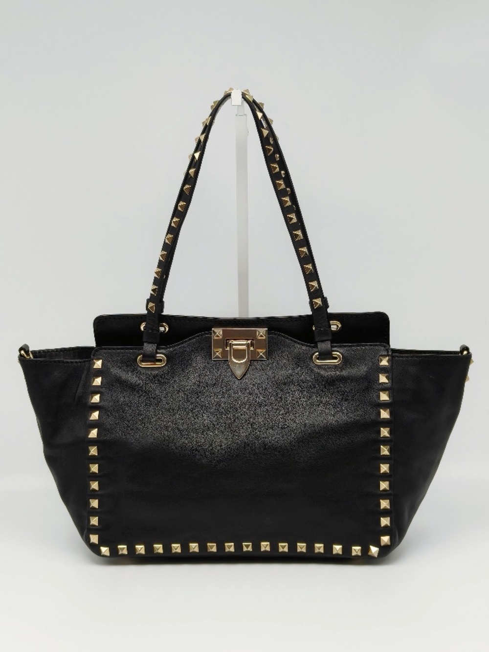 Valentino Garavani Rockstud Black Leather Tote Bag Gold Studded Shoulder